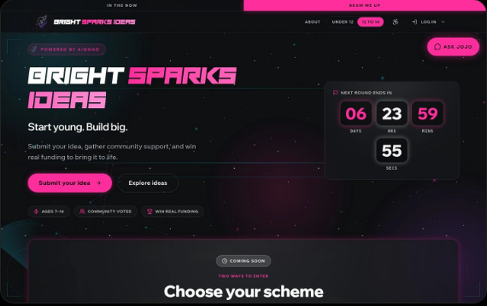 Bright Sparks Ideas live website, showing its idea schemes